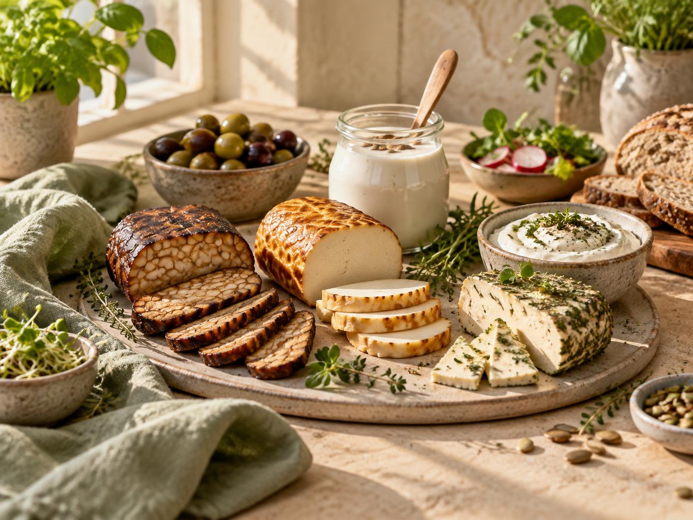 Tempeh, tofu i roślinne sery na stole
